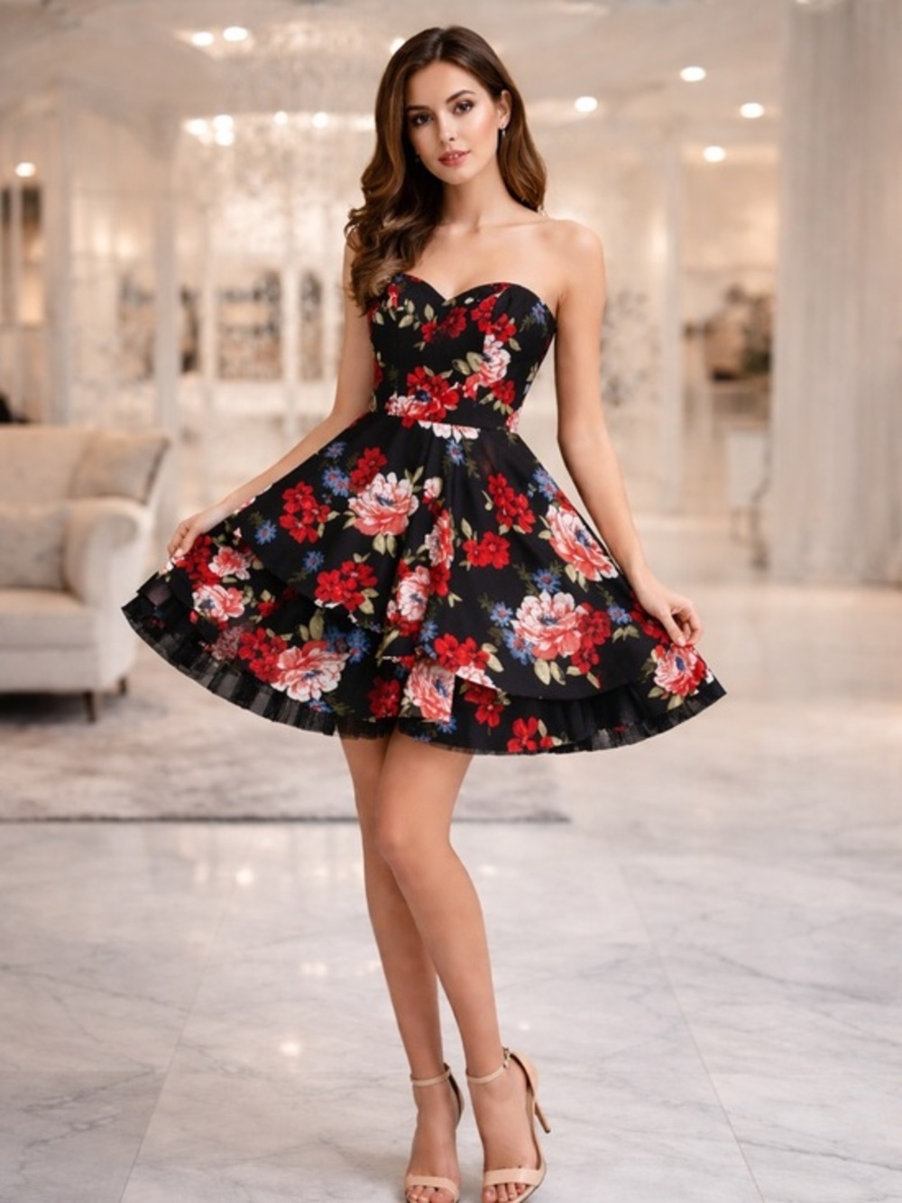B Darlin Black Floral Dress Strapless Size 5/6